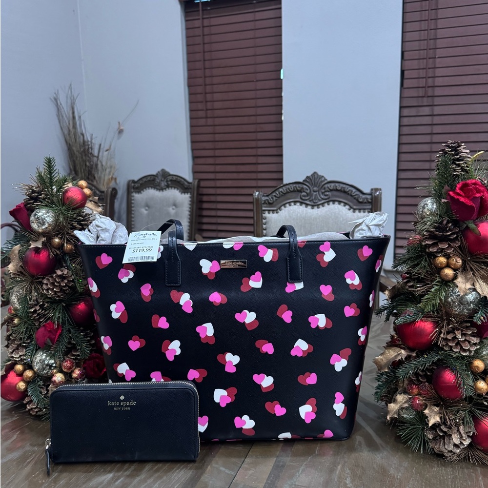 Kate Spade Black Tote with Pink and White Hearts